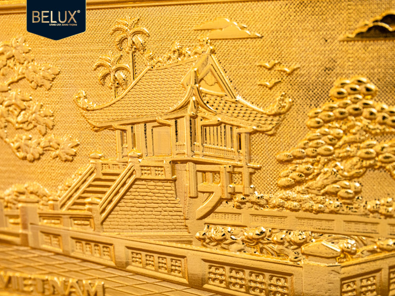 Tranh Chùa Một Cột bằng đồng mạ vàng 24k 22x17cm